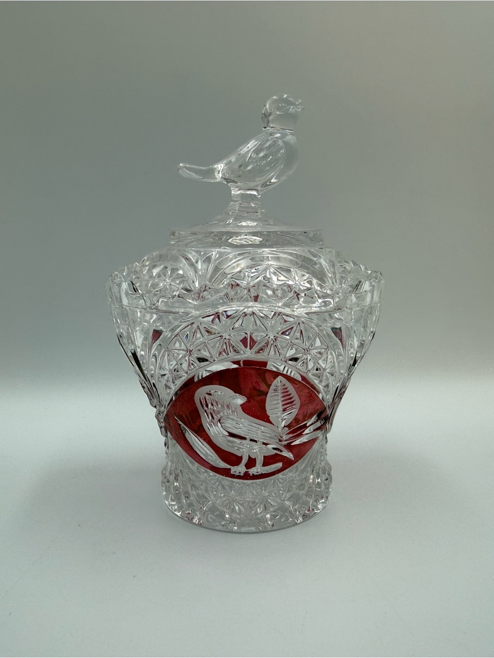 Vintage Hofbauer Byrdes Cranberry Crystal Jam Jar: Bird Finial, West Germany